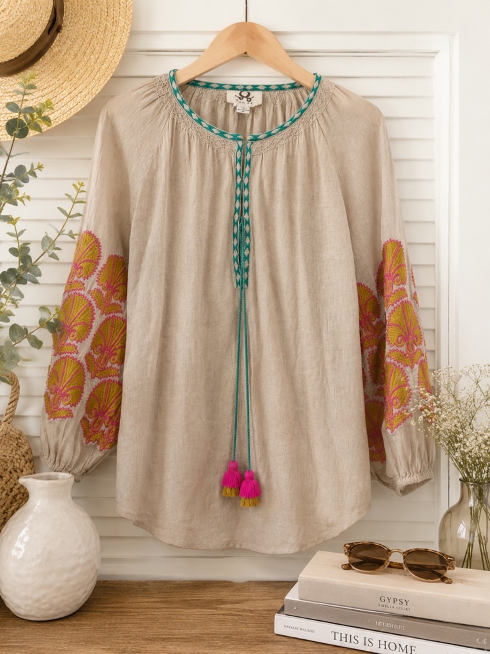 FIGUE Embroidered Gauze Peasant Blouse Pink Gold Boho Luxe Small